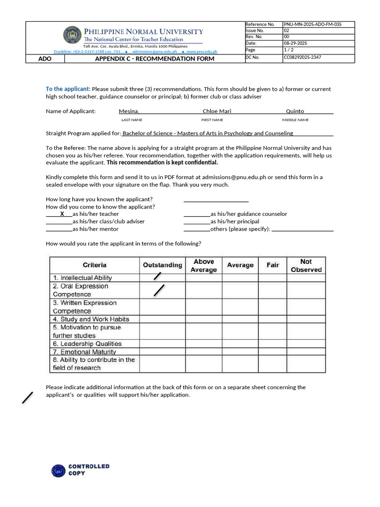APPENDIX C Recommendation Form | PDF