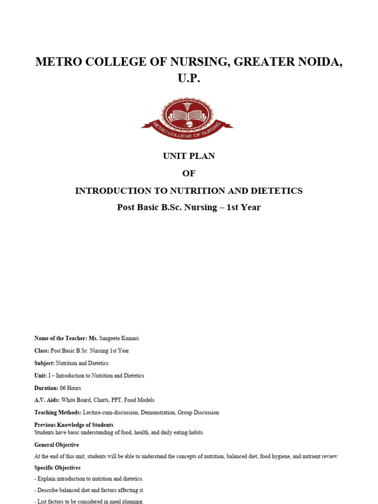 Unit Plan Nutrition Unit 1 Updated | PDF | Nutrition | Diet & Nutrition