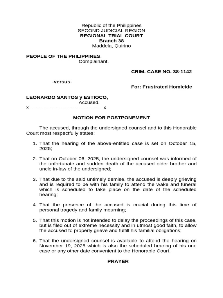 Motion to Postpone Hearing in Homicide Case | PDF