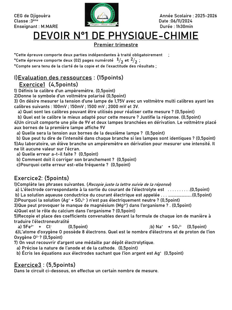 Devoir de Physique-Chimie 3ème - Trimestre 1 | PDF | Ion | Électricité
