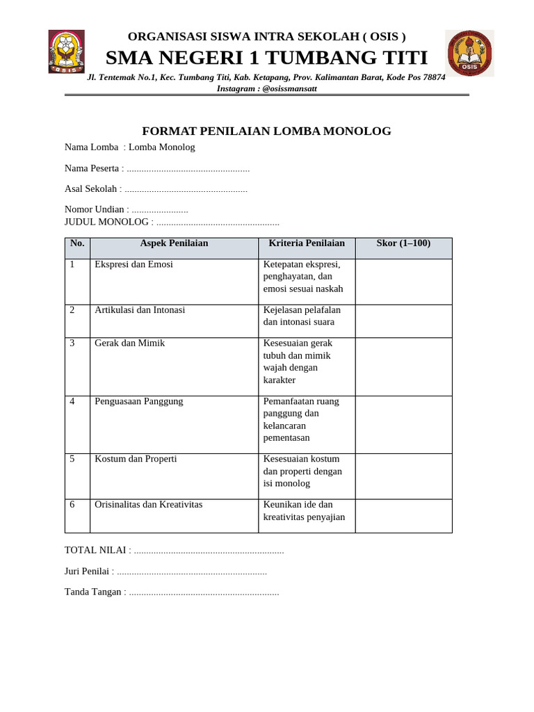 Format Penilaian Lomba Monolog OSIS | PDF