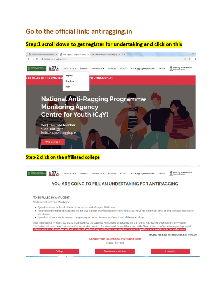 Guide to Register for Anti-Ragging Undertaking | PDF