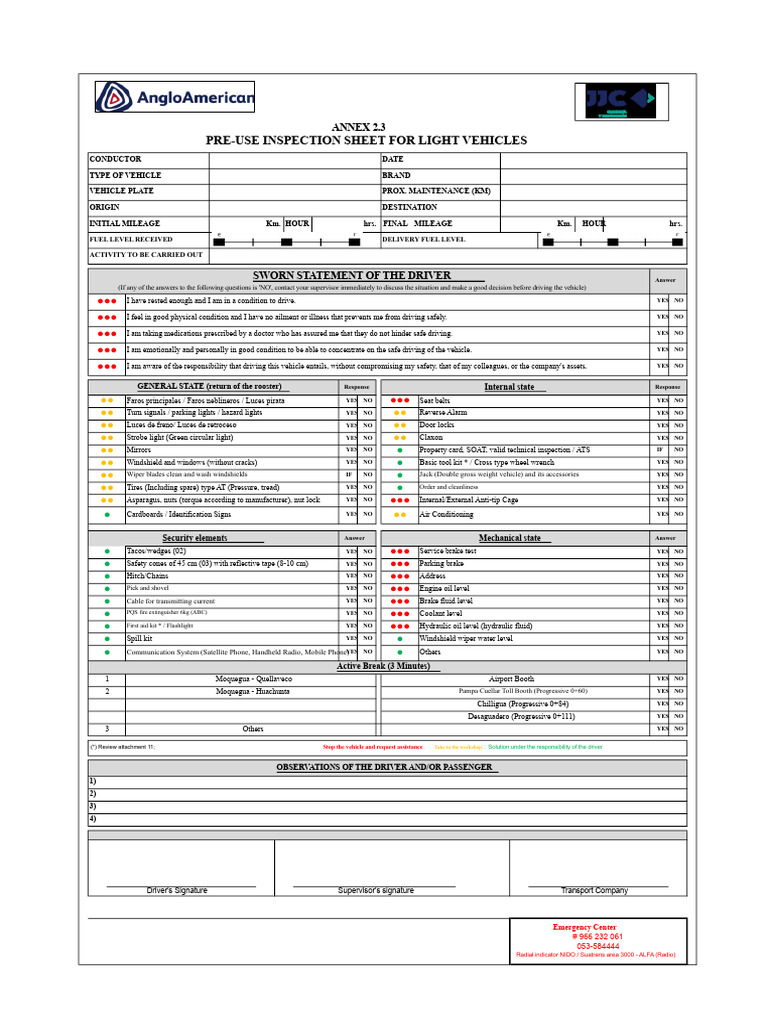 Light Vehicle Pre-Use Inspection Sheet | PDF | Driving | Vehicles