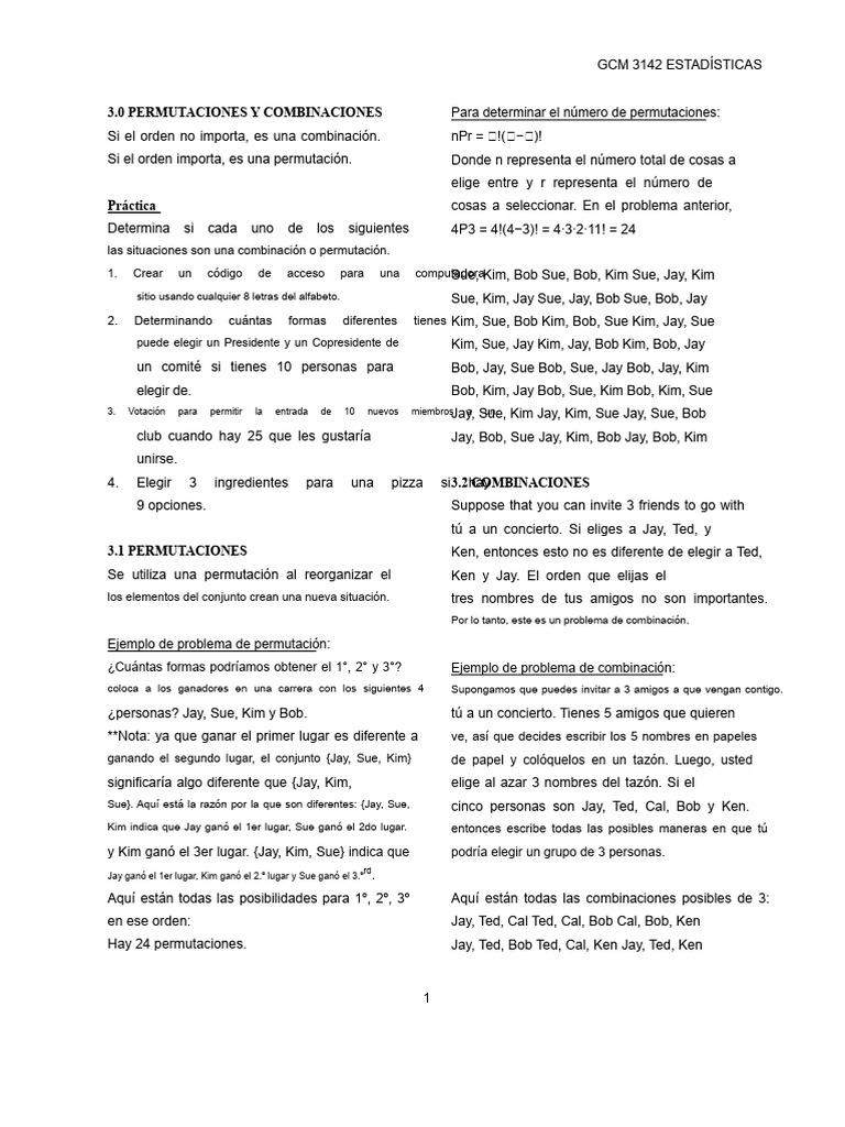 Hoja de Trabajo de Permutaciones y Combinaciones | PDF | Permutación ...