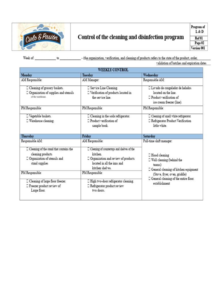 Cleaning and Disinfection Program Control - Weekly | PDF | Kitchen ...