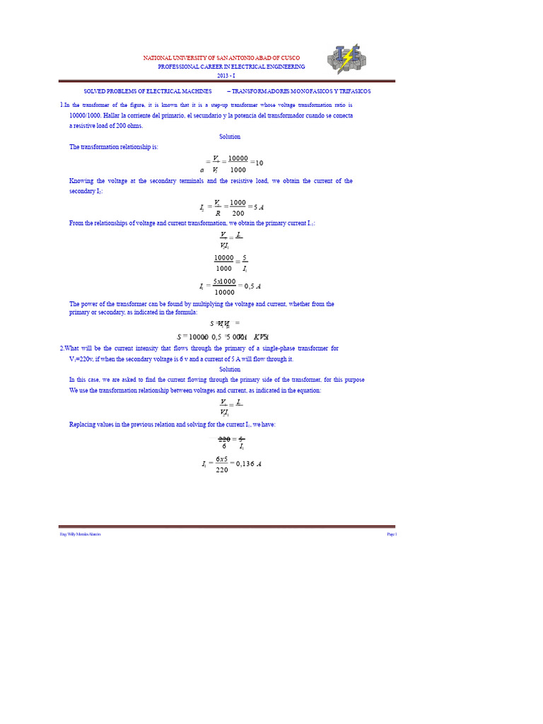 Electrical Engineering Transformer Calculations | PDF | Transformer ...