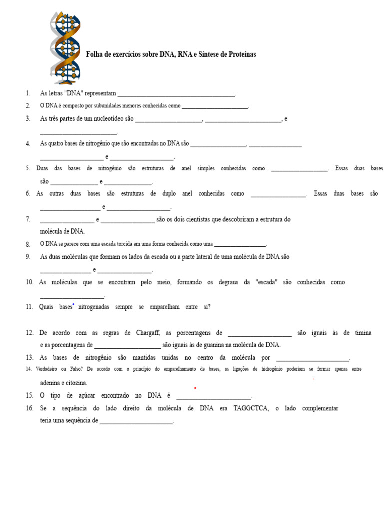 Exercícios sobre DNA e RNA | PDF | RNA | DNA