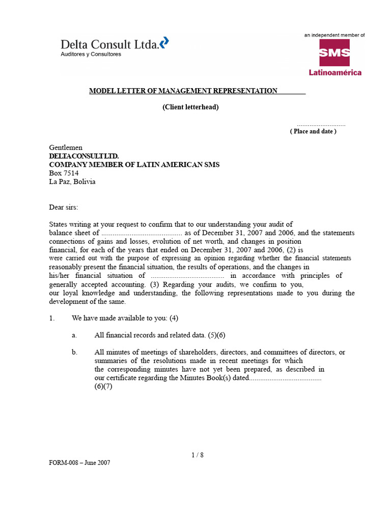 Management Representation Letter Template | PDF | Audit | Investing