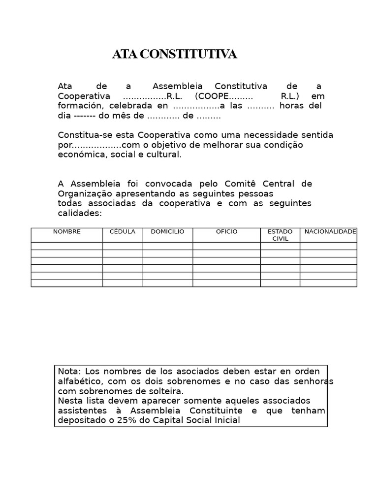 Ata da Assembleia Constitutiva da Cooperativa | PDF | Cooperativa ...