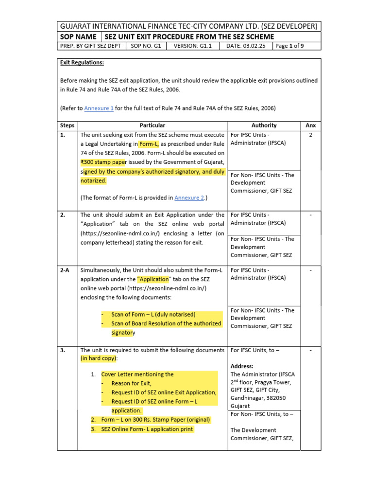 Soplist 1747042774759 250203 - SOPG1.1 - SEZ Unit Exit Process | PDF