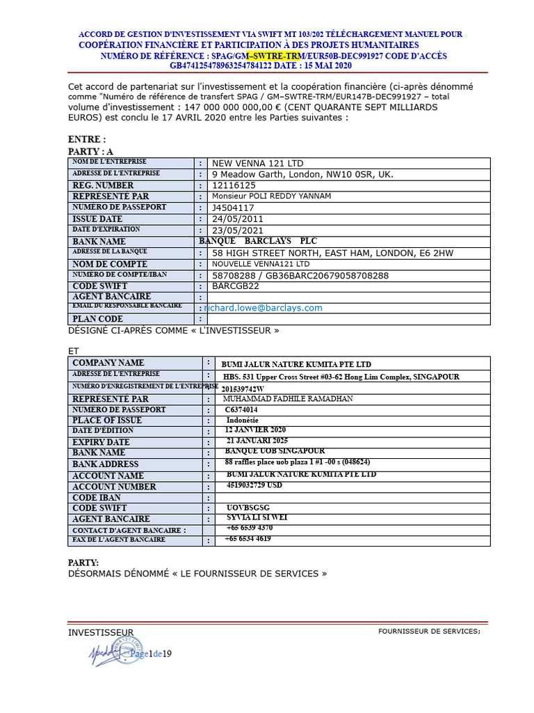 Accord de Gestion d'Investissement MT103 | PDF | Banques | Investisseurs
