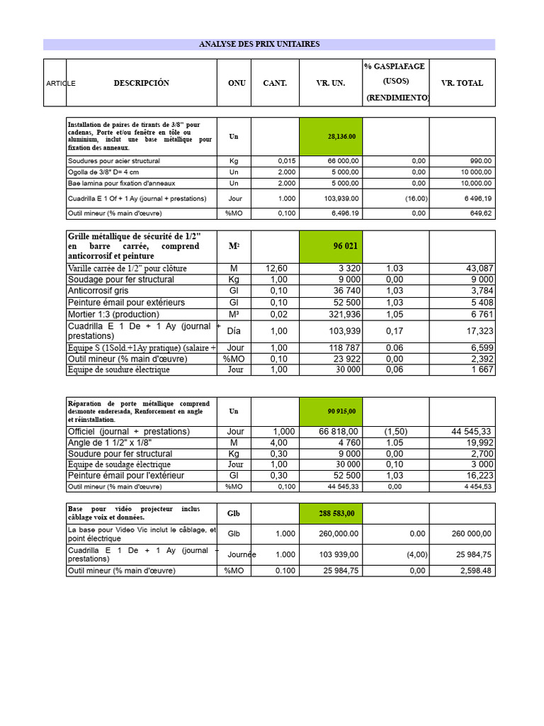 Analyse des prix unitaires et coûts | PDF | Ingénierie mécanique ...