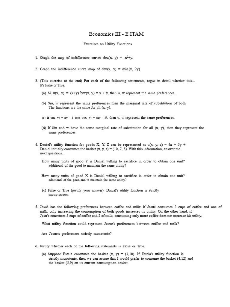 Utility Function Exercises and Analysis | PDF | Utility | Microeconomics