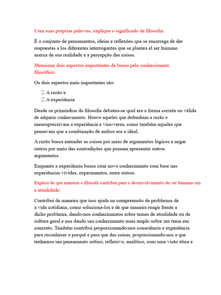Com suas próprias palavras, explique o significado da filosofia. | PDF ...
