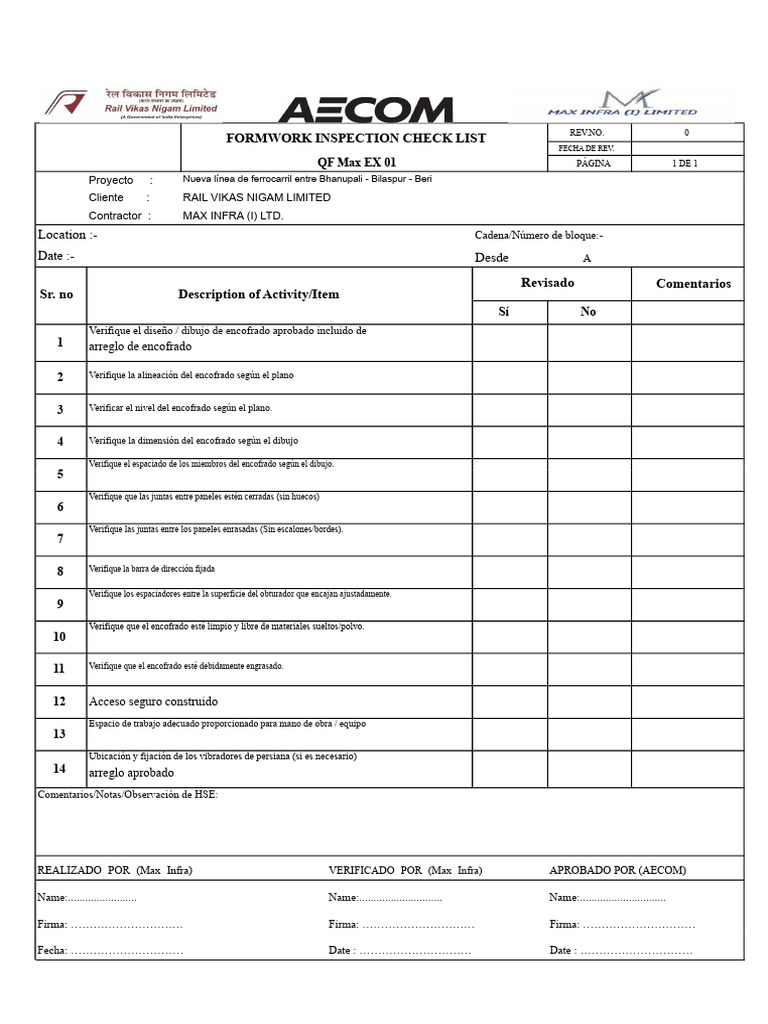 Formwork Inspection Check List: Location:-Desde Date | PDF | Hormigón ...