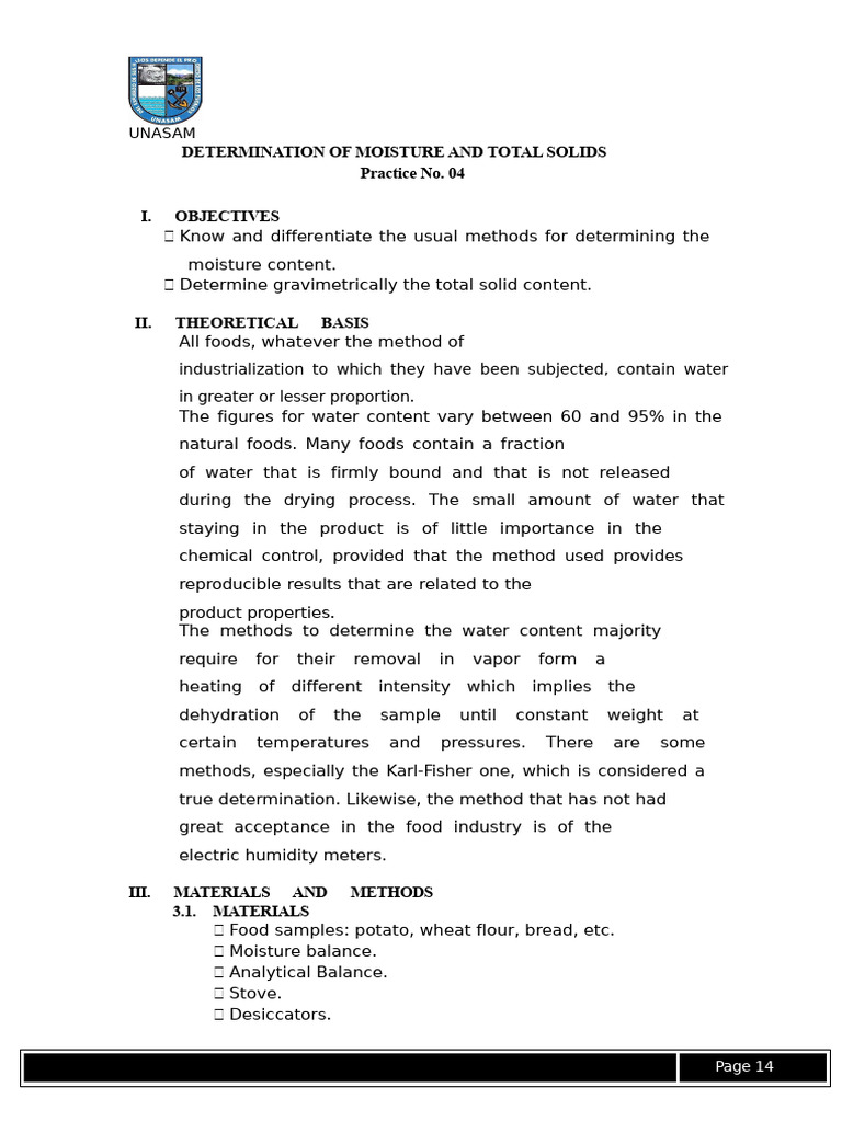 Determination of Moisture and Total Solids | PDF | Water | Food ...