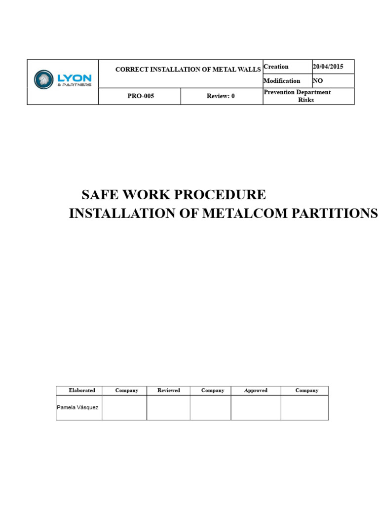 Safe Work Procedure - Installation of Metal Partitions | PDF | Personal ...