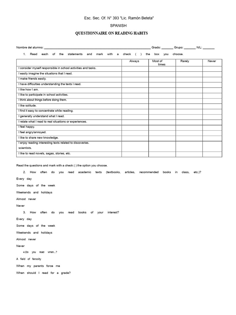 Questionnaire About Reading Habits | PDF | Books | Reading Comprehension