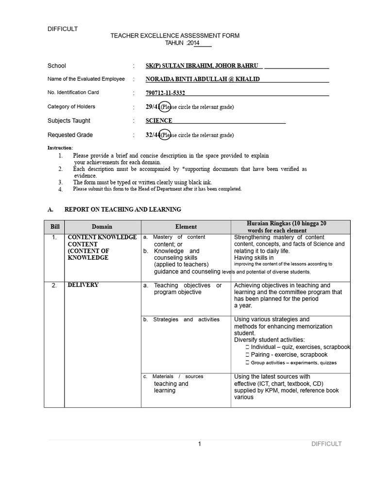 Teacher Excellence Assessment Form 2014 | PDF | Teachers | Science