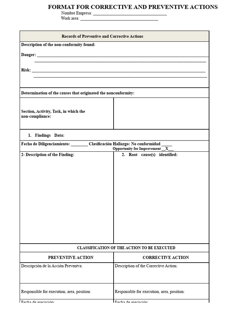 Format For Corrective and Preventive Actions | PDF