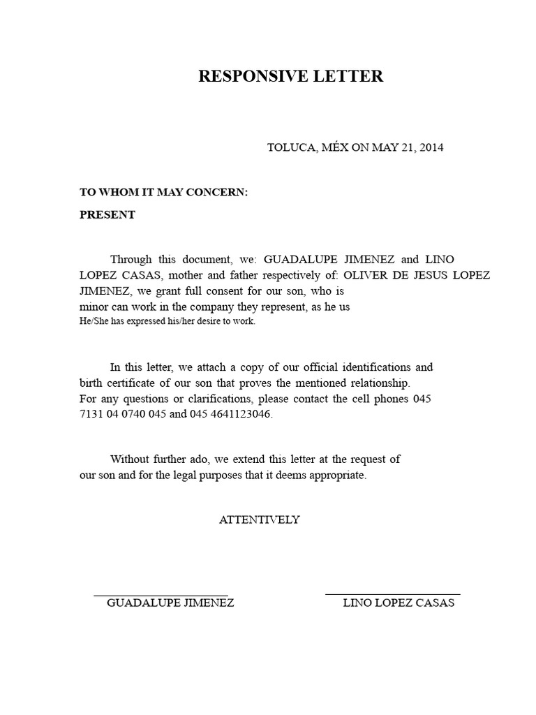 Consent Letter for Minor's Employment | PDF