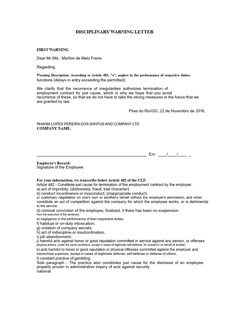 First Disciplinary Warning Letter | PDF