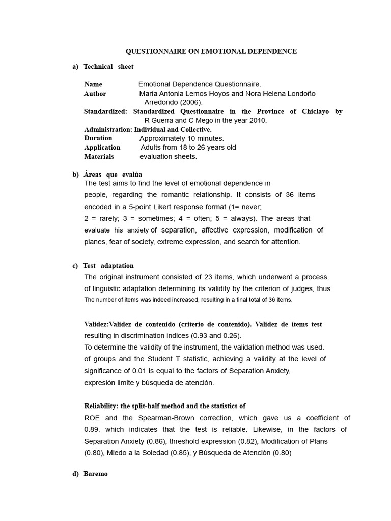 Emotional Dependence Questionnaire Guide | PDF | Validity (Statistics ...
