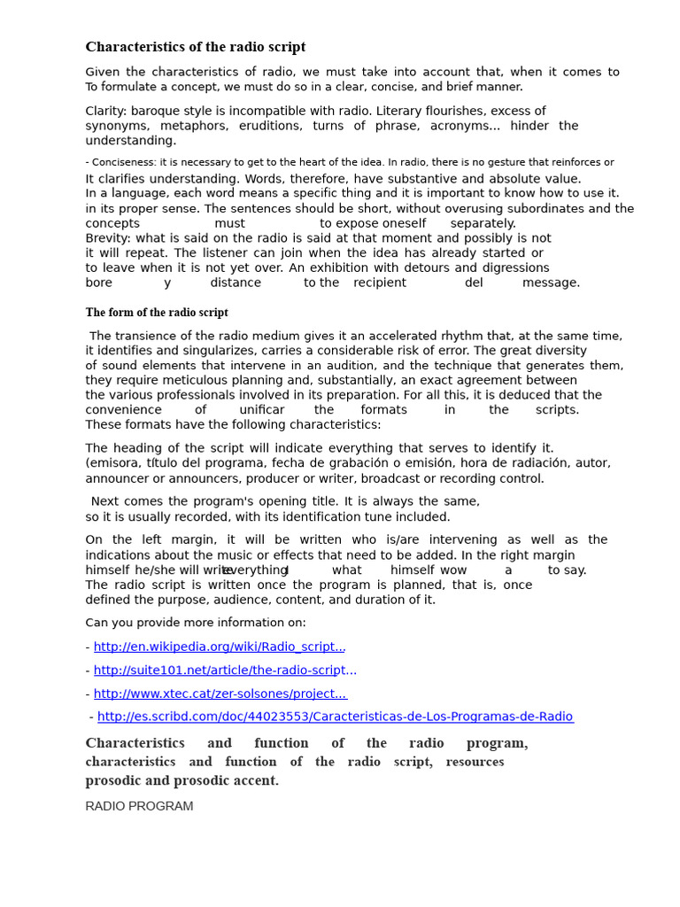 Radio Script Characteristics Explained | PDF | Stress (Linguistics ...