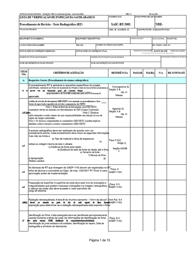 Checklist de Inspeção Radiográfica SAIC-RT-2001 | PDF | Radiografia