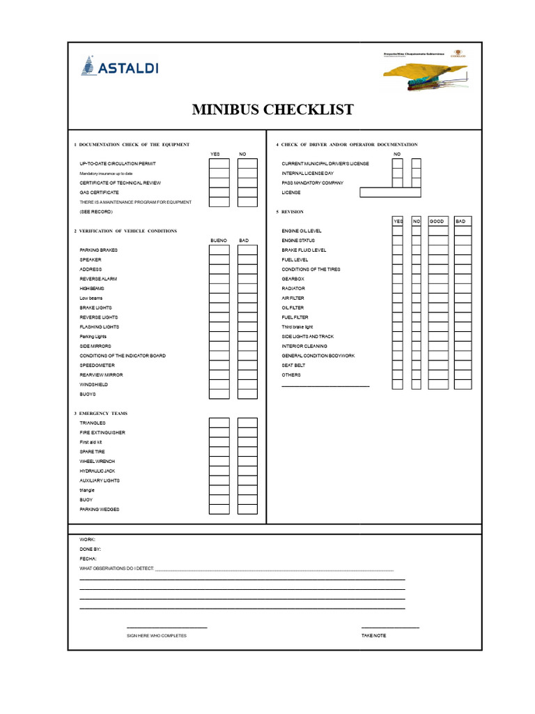 Minibus Safety Inspection Checklist | PDF | Vehicles | Brake