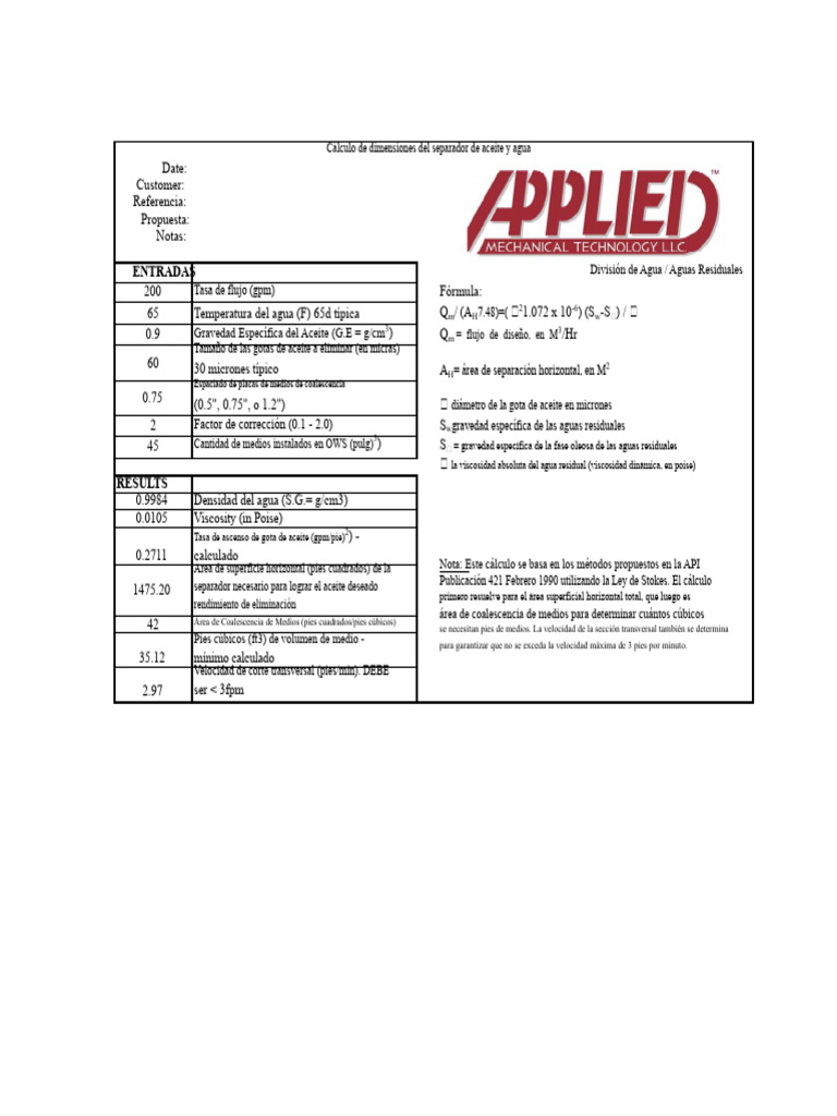 EXEMPLO DE TAMAÑO CÁLCULO OWS Por API 421 PDF | PDF | Agua | Mecánica ...