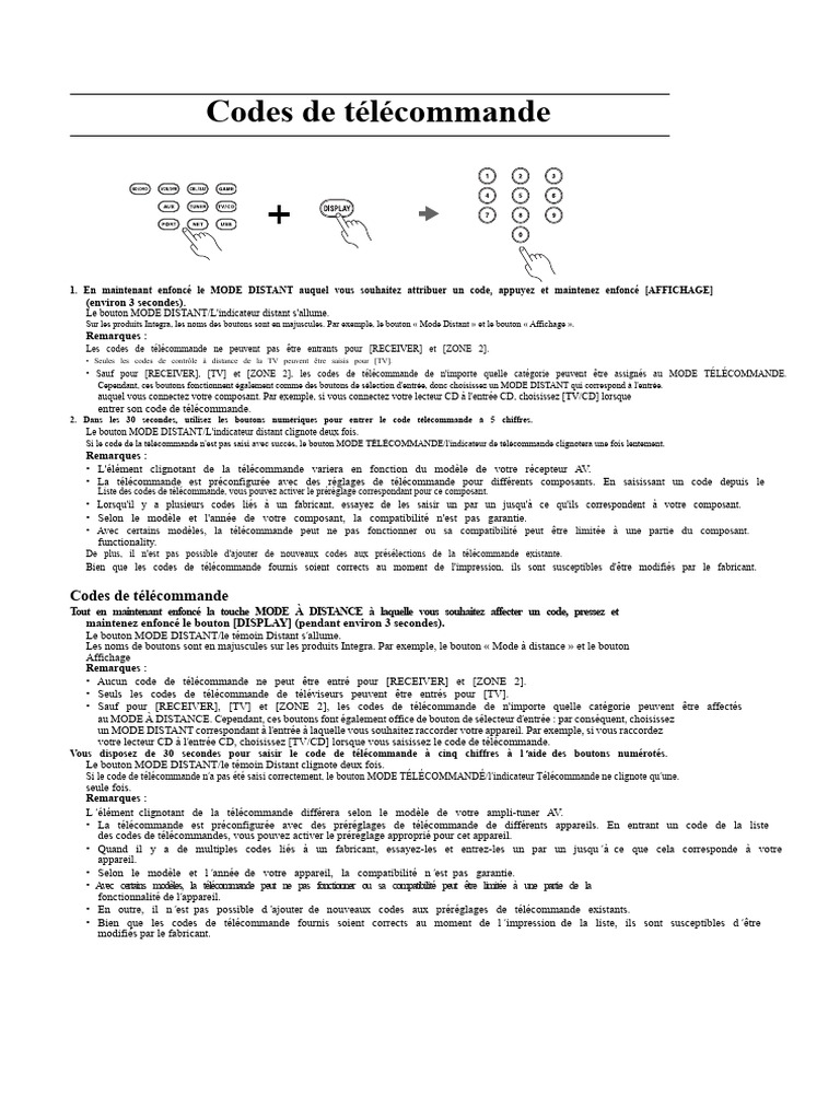 Codes de télécommande : Guide d'utilisation | PDF | Télécommande ...