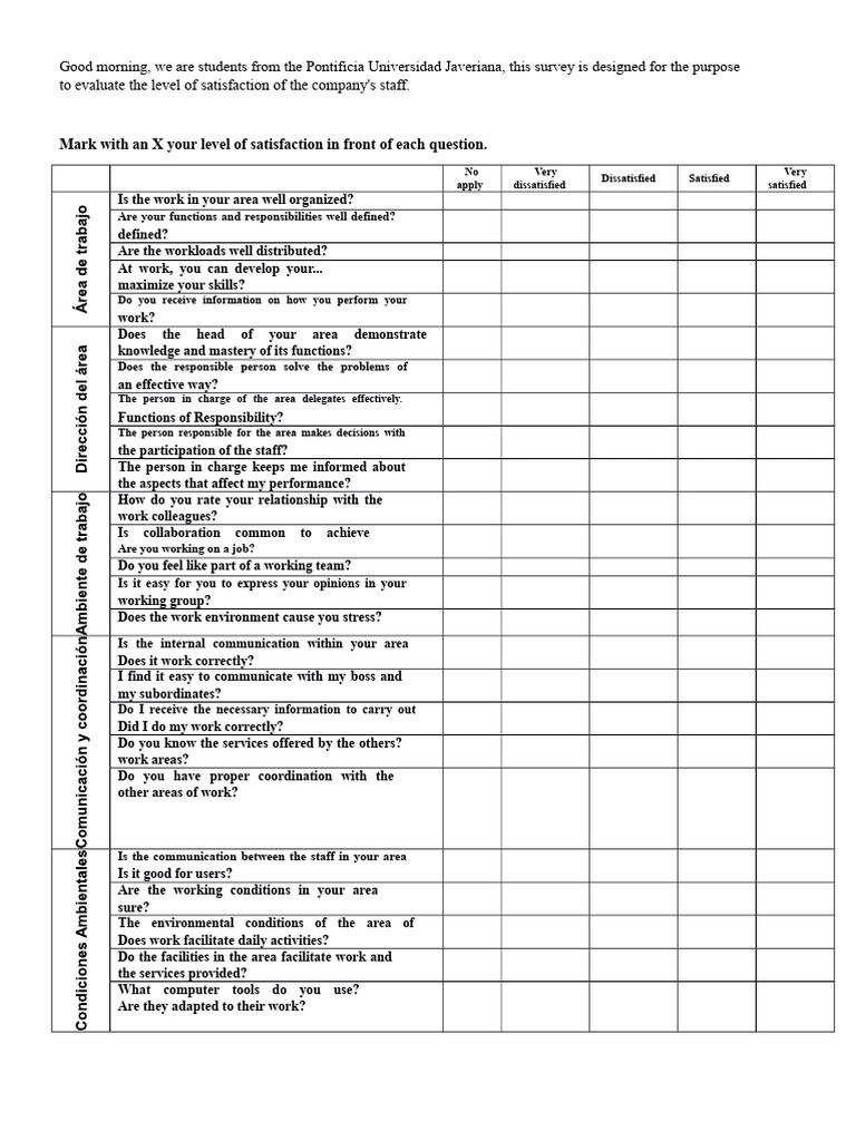 Employee Satisfaction Survey Template | PDF | Communication ...