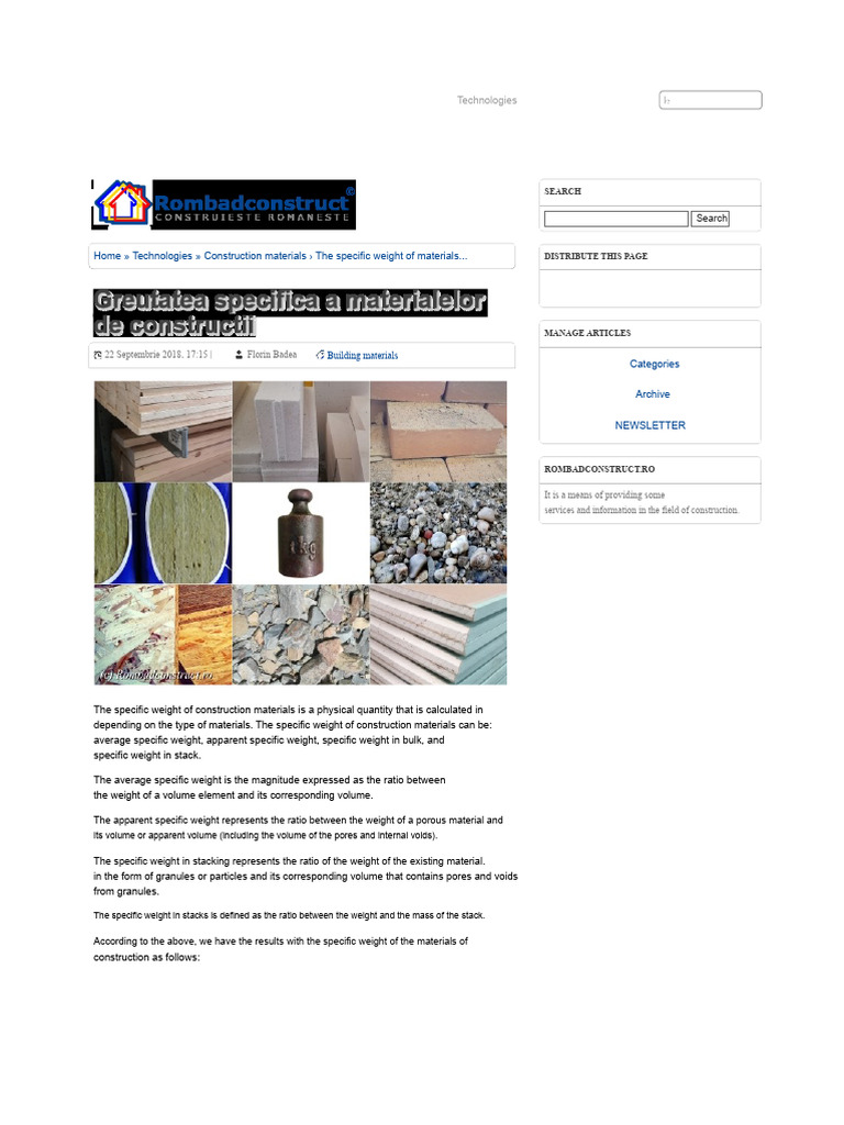 Specific Weight of Construction Materials | PDF | Concrete | Brick