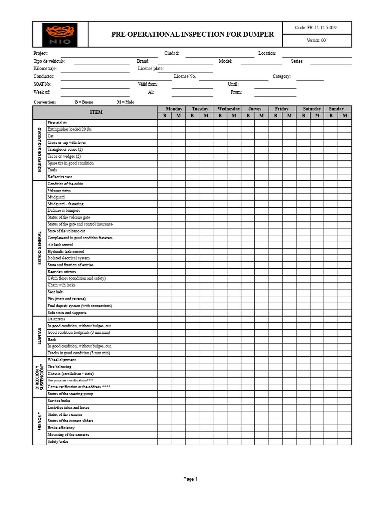 Dumper Pre-Operational Inspection Checklist | PDF | Truck | Automotive ...