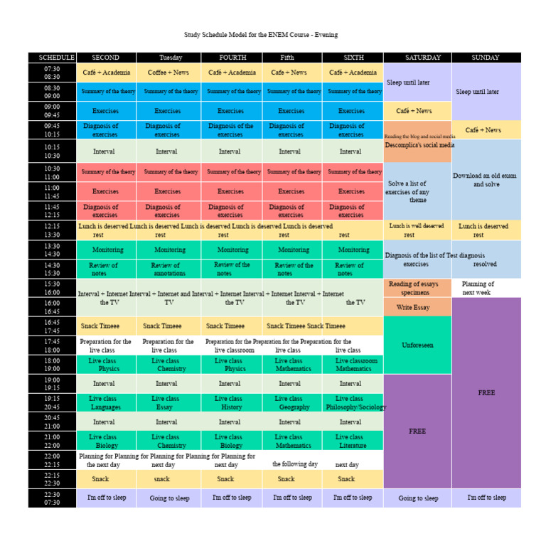 Study Schedule Model for ENEM Course - Evening | PDF