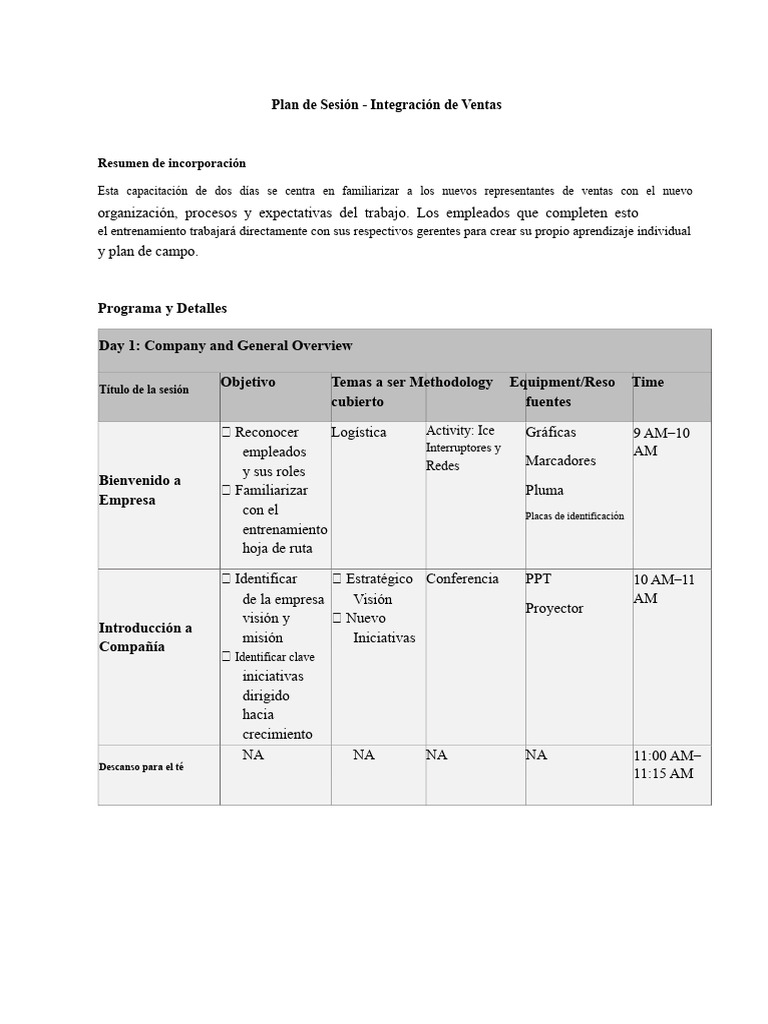 Plan de Capacitación para la Incorporación de Ventas | PDF | Business