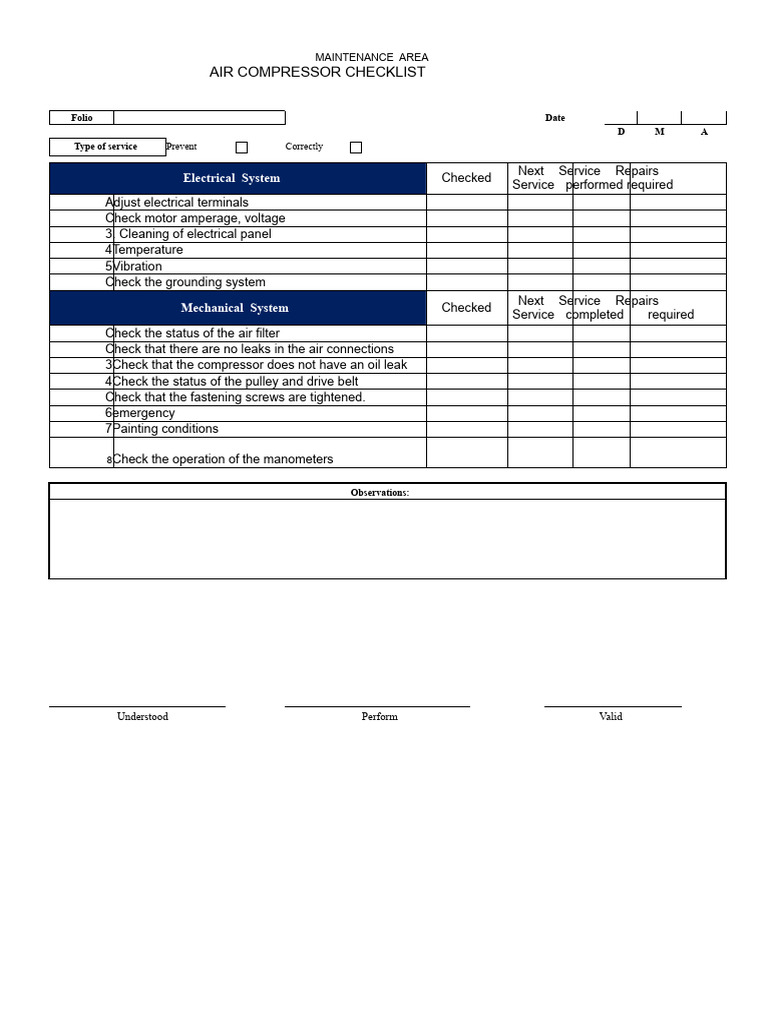 Air Compressor Maintenance Checklist | PDF
