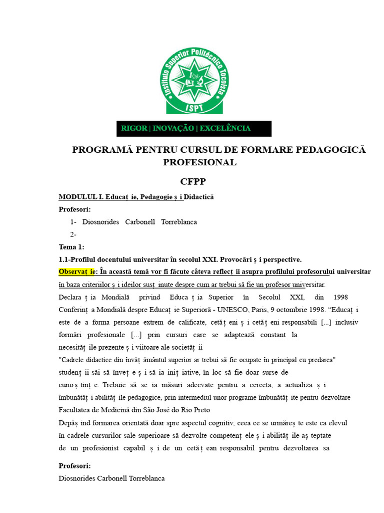 Modulul 1 Pentru Cursul de Formare A Profesorilor | PDF