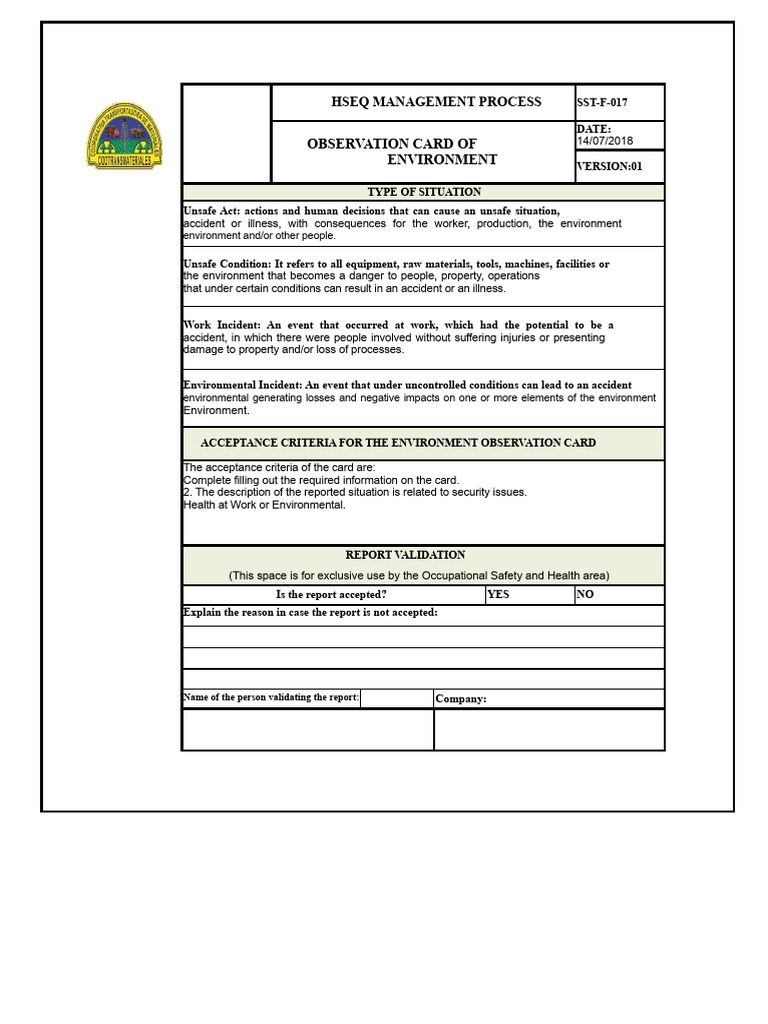 HSEQ Environment Observation Card Guide | PDF | Occupational Safety And ...