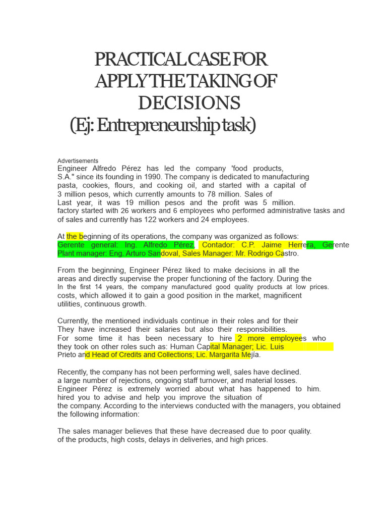 Practical Case For Decision Making Applying What Has Been Learned in ...