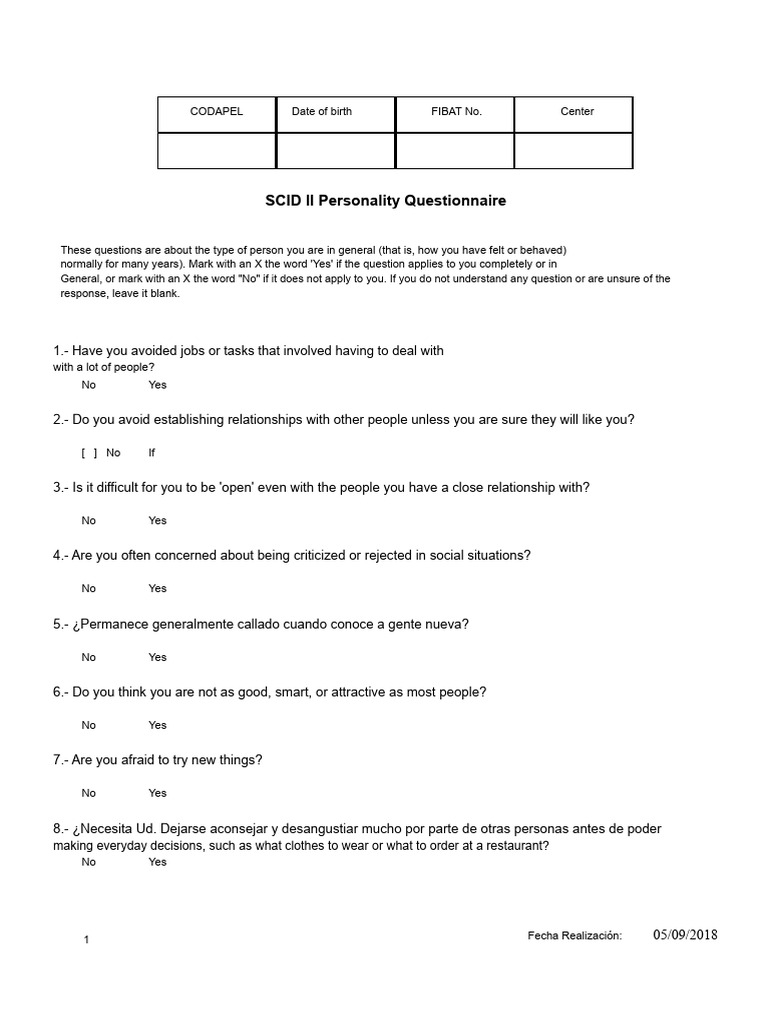 SCID II Personality Questionnaire Guide | PDF | Psychological Concepts ...