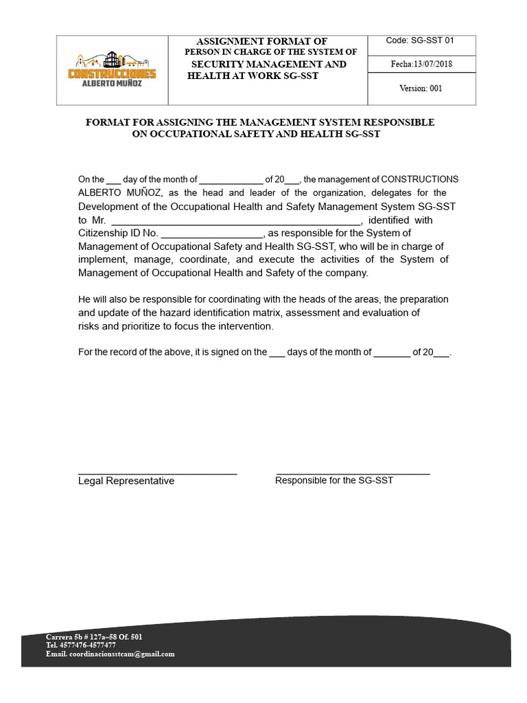 Format For Assignment of Responsible For The SG-SST | PDF
