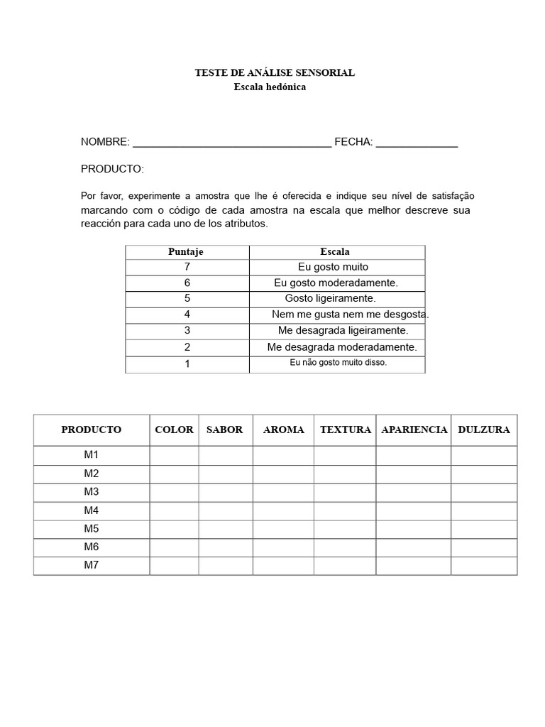 Teste de Análise Sensorial: Escala Hedónica | PDF