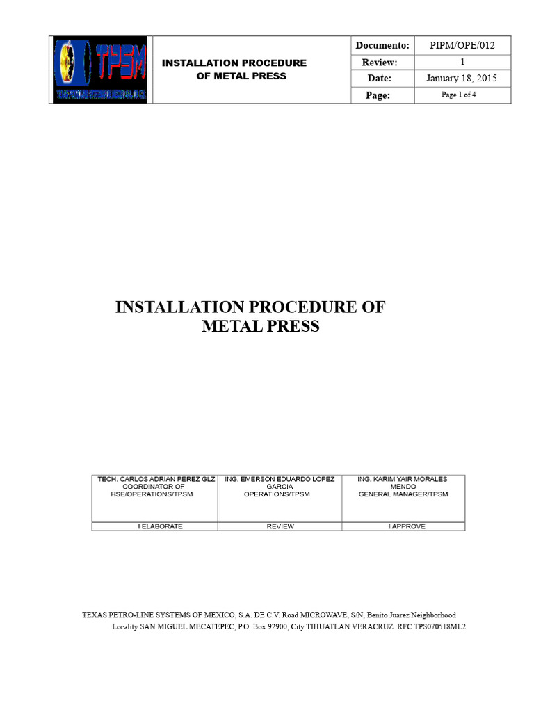 Metal Press Installation Procedure Guide | PDF