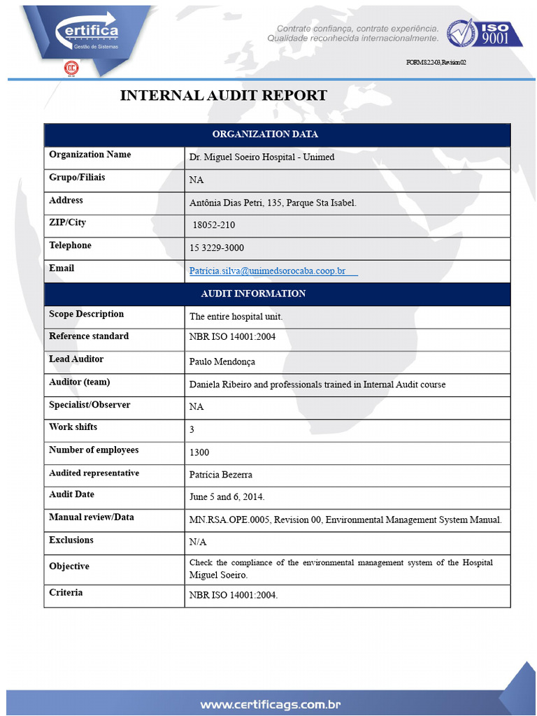Internal Audit Report for Dr. Miguel Soeiro Hospital | PDF | Waste ...