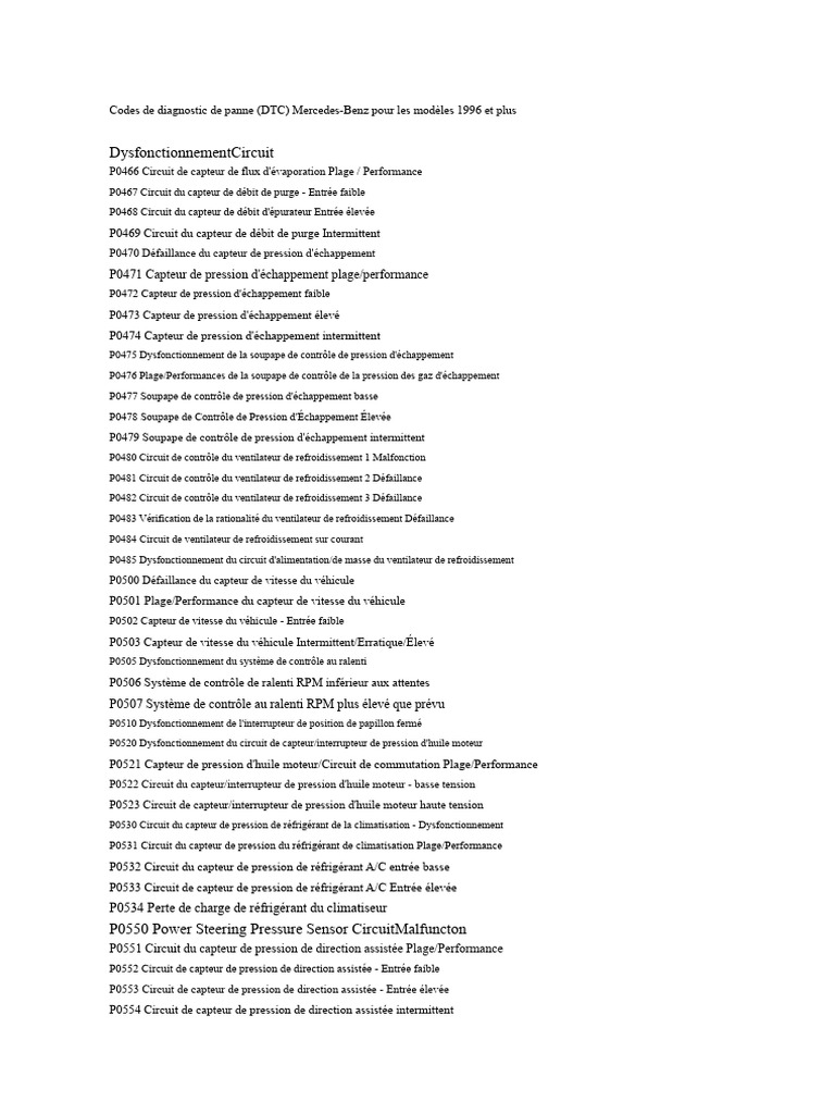 DTC Mercedes-Benz : Codes de panne 1996+ | PDF | Interrupteur | Frein
