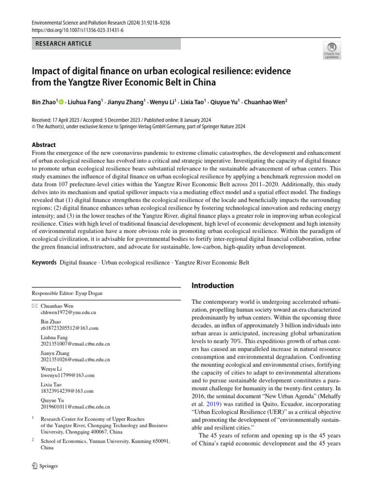 Impact of Digital Finance On Urban Ecological Resilience - Evidence ...