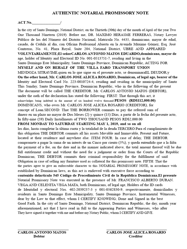 Authentic Notarial Promissory Note | PDF | Dominican Republic ...