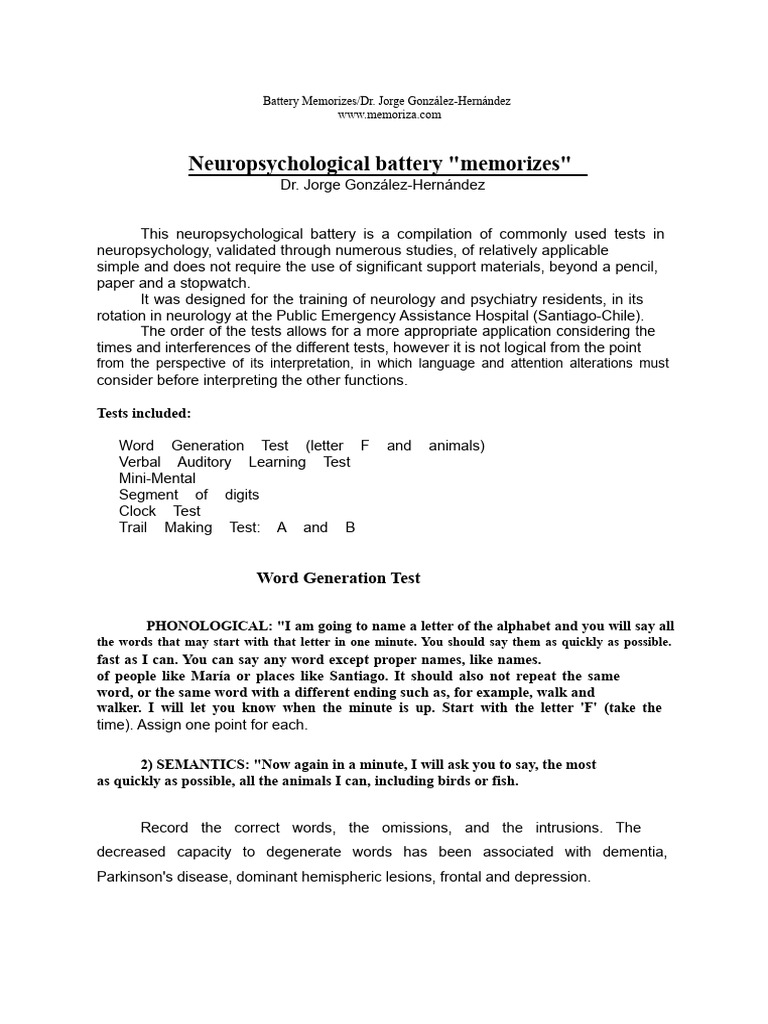 Test Battery To Evaluate Memory | PDF | Memory | Neuropsychology